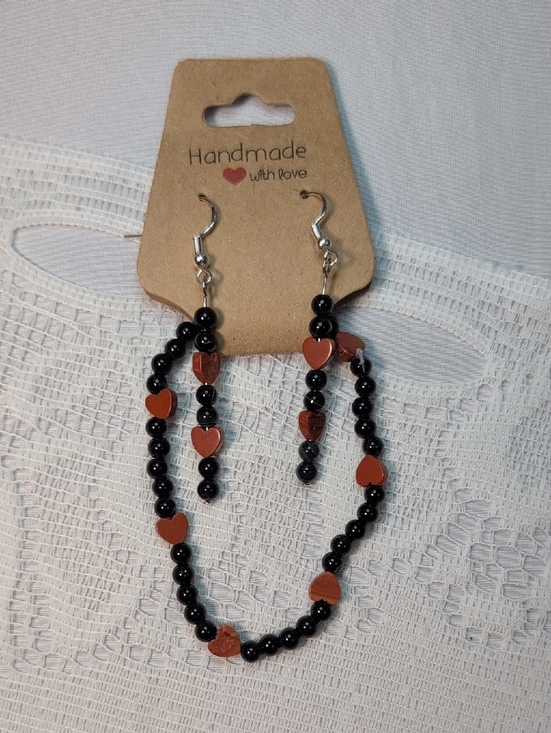 Handmade Jewelry - Handmade Black Onyx And Jasper Heart Earring And Bracelet Set